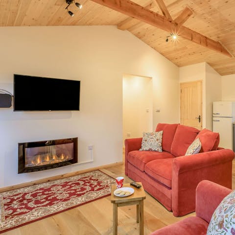 Get cosy in the living room with a mug of hot chocolate by the electric fire
