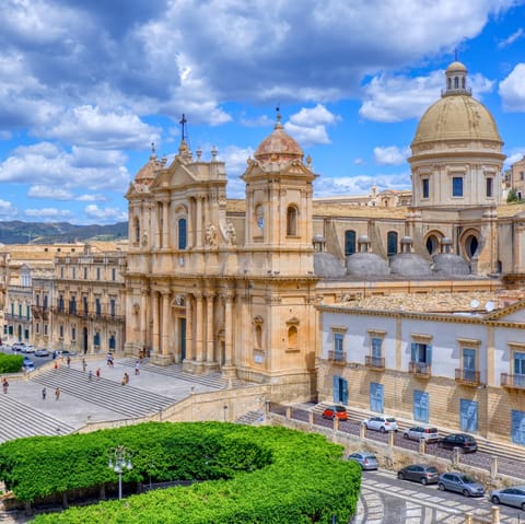 Visit the impressive Noto Cathedral, just a fifteen-minute car ride away