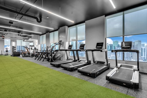 Train above the city in a gym with panoramic Miami skyline views
