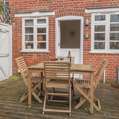 Enjoy a glass of Suffolk ale in the outdoor dining area as the seabirds fly overhead