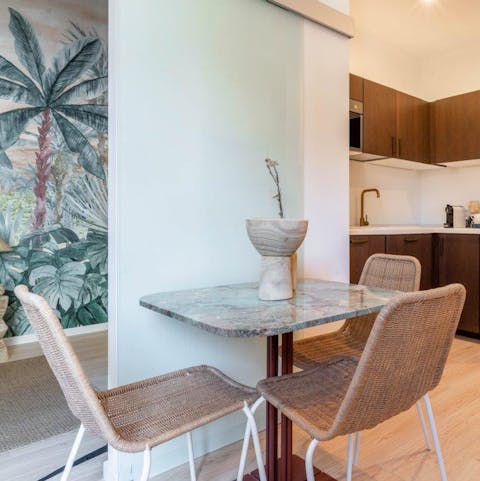 Sip a morning espresso at the dining table