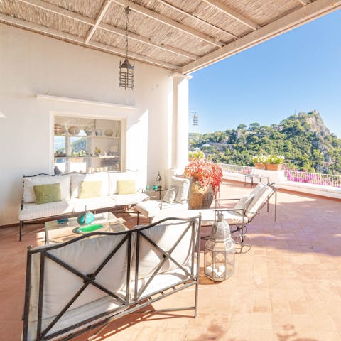 Enjoy wine and nibbles in the shaded outdoor seating area