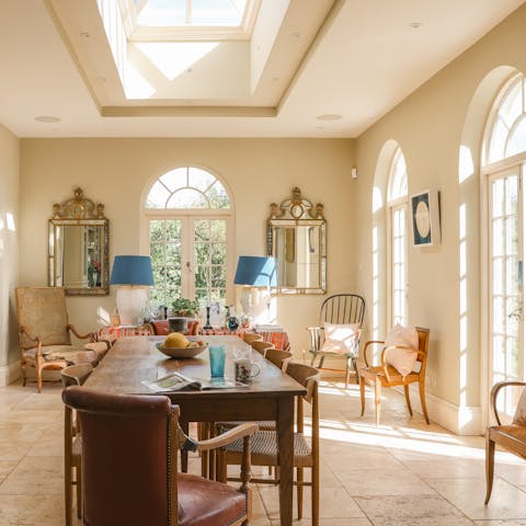 Come together for lazy  meals in the sun-drenched Orangery