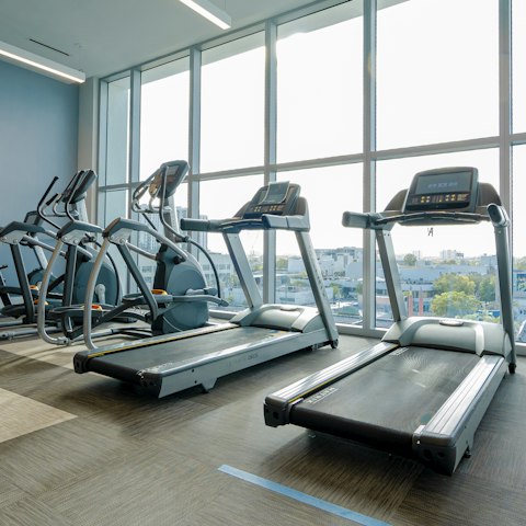 Work up a sweat in the communal gym before diving into the pool