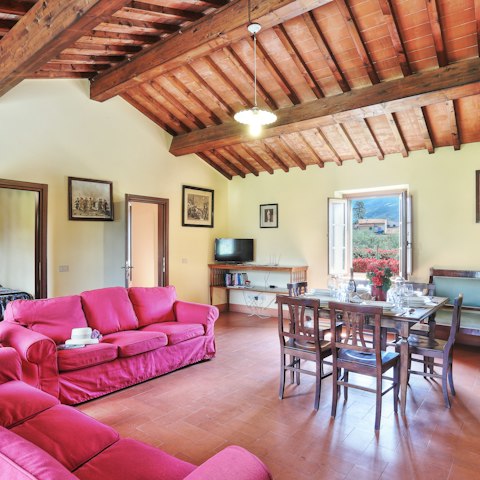 Dine or unwind in the rustic living room