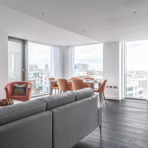 Enjoy a family dinner of bangers and mash with panoramic city views