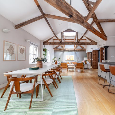 Feast together under vaulted ceilings and wooden beams