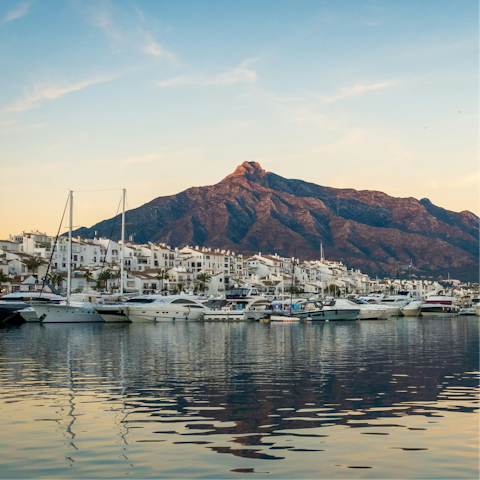 Stroll into Marbella Harbour, fifteen minutes away