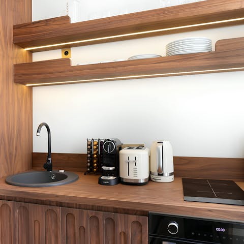 Sip freshly brewed coffee in the kitchenette