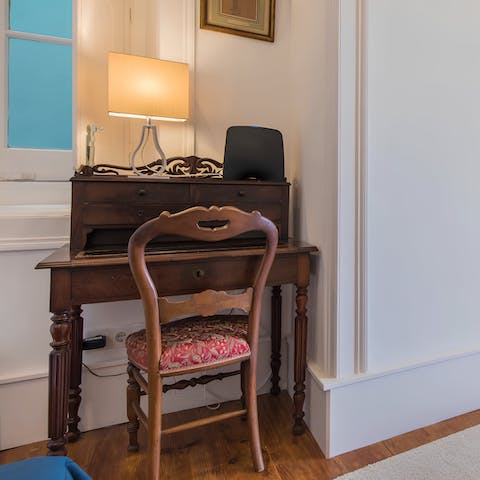 Hunker down and work from home at the antique desk