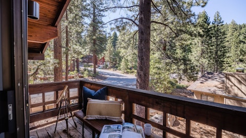 Read on the wooden balcony canopied by forest
