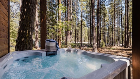 Soak in the hot tub surrounded by towering pine trees