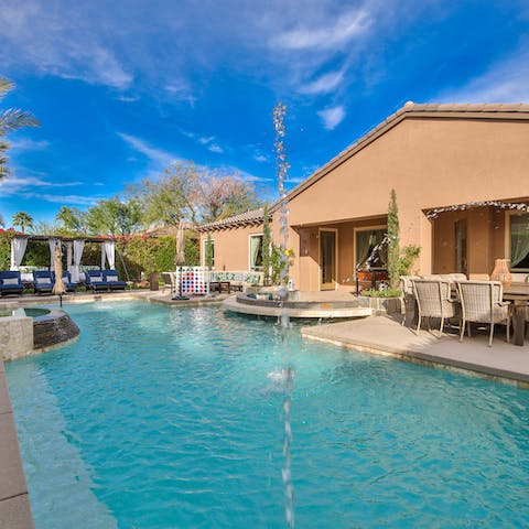 Dive into this enormous saltwater swimming pool and relax in the spa pool