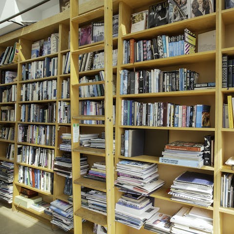 Pick a book from the extensive collection to read on the patio