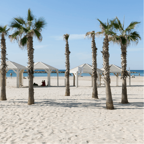 Sunbathe on Trumpeldor Beach after a fifteen minute drive