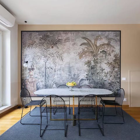 Gather together for a sophisticated soirée in the elegant dining area
