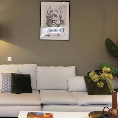 Sit back on the plump sofa with a glass of cold Kydonitsa