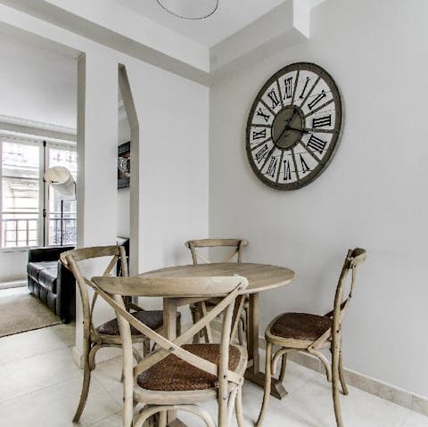 Start mornings with fresh coffee and croissants at the chic dining table before setting off to explore the city