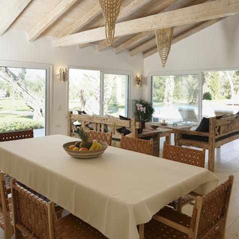 Admire the boho-chic interior of the huge, open-plan living area
