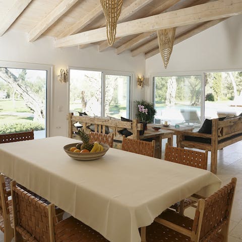 Admire the boho-chic interior of the huge, open-plan living area