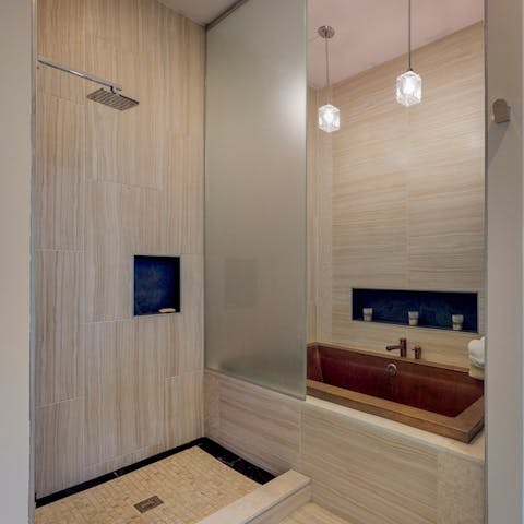 Unwind in the master en-suite's unique copper soaking tub