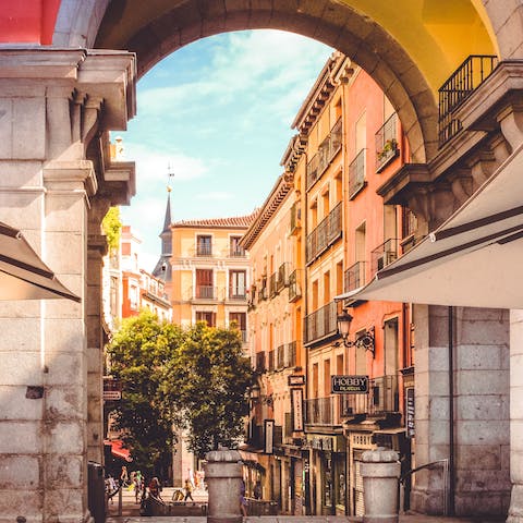 Explore the traditional Plaza Mayor, a twenty-five-minute walk away