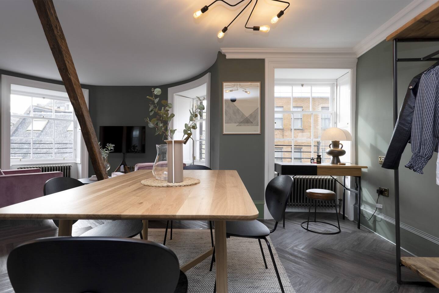 Catch up on work at the window-facing desk