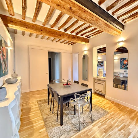 Dine beneath traditional wood beams