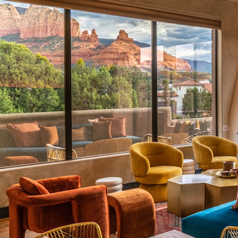 Admire the mountain views from the bright living space