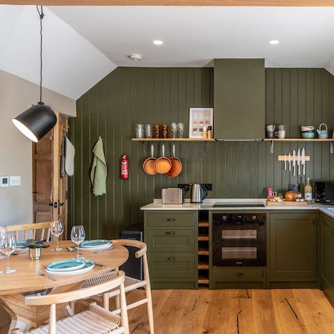 Cook up a breakfast feast in the handmade, shaker-style kitchen