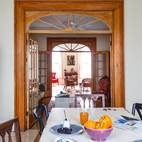 Oak double doors with sunburst arched windows