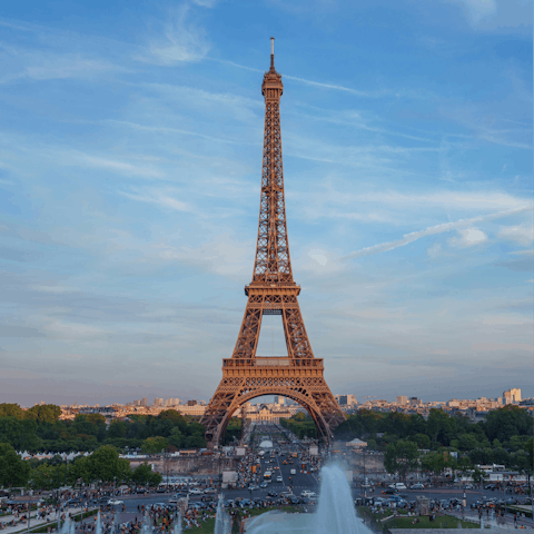 See the Eiffel Tower views at Trocadéro Gardens, twenty minutes away