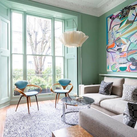 Relax in a bright and chic living space after a day browsing antiques and lost treasures