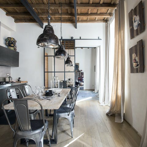 The exposed wooden beams