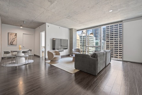 Gaze out across the Chicago skyline from the living room
