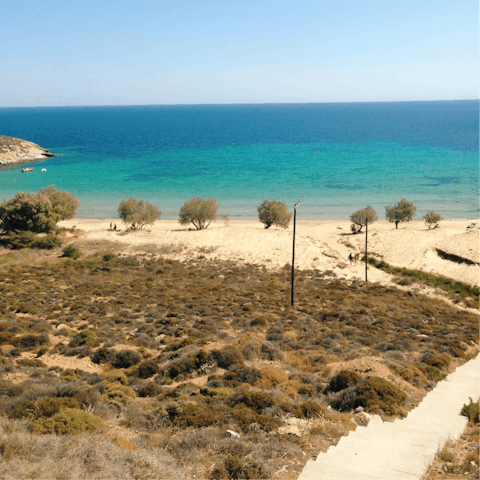 Spend a wonderful day on the sand at Hanioti Beach, just five-minute walk away