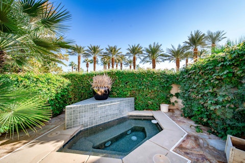 Steep in the hot tub ringed by palms and lush greenery