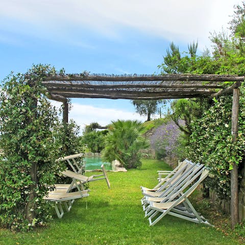 Relax under the pergola in the lush garden