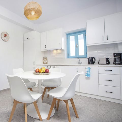 Fire up the coffee machine in the sleek, modern kitchen