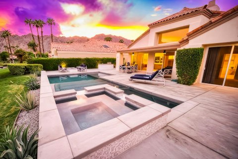 Cool off in the private pool as the desert sky turns pink