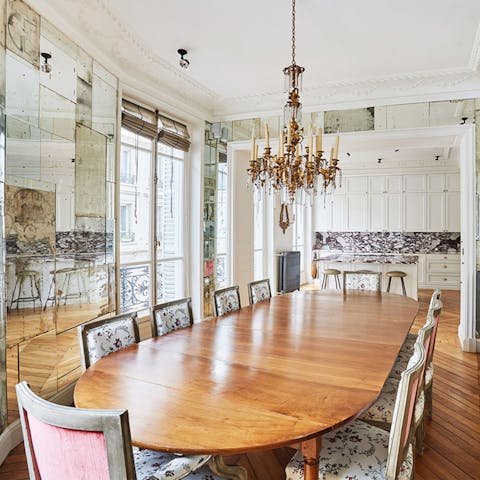 Gather for meals together under the chandelier