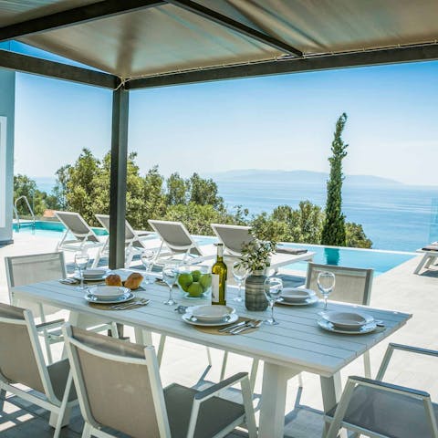 Share a bottle of wine over lunch out on your covered terrace