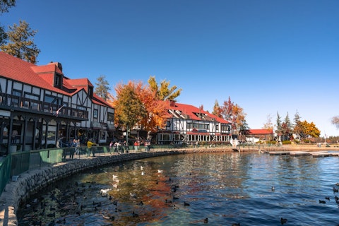 Visit Lake Arrowhead Village for lakeside dining, shops, and alpine charm, a thirteen-minute drive