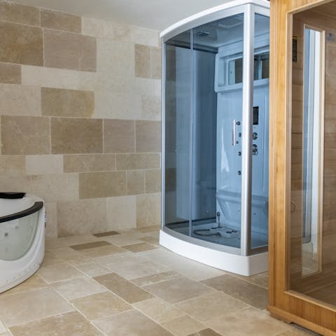Relax and rewind in the private spa after a day exploring the countryside