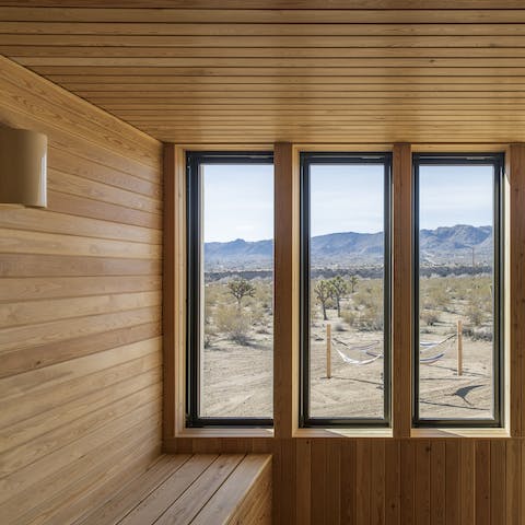 Relax in the sauna overlooking the joshua trees