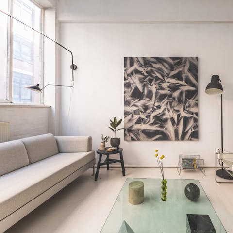 Make yourself comfortable in the industrial-style living area