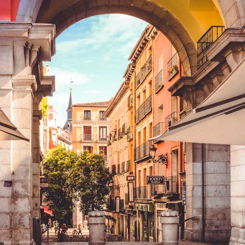 Wander around beautiful Plaza Mayor, a five-minute walk away