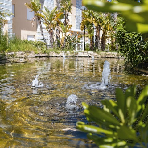 Walk around the stunning shared gardens in the complex, complete with lovely pond