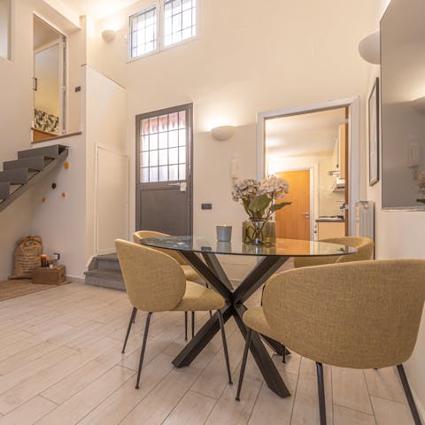 Start mornings with fresh espressos and pastries at the table before setting off for a day of adventure