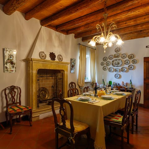 Dine on delicious spaghetti and meatballs around the grand and elegant dining table